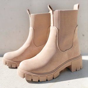 NEW Taupe Beige Chunky Lug Sole Platform Elastic Sock Ankle Chelsea Bootie Boots